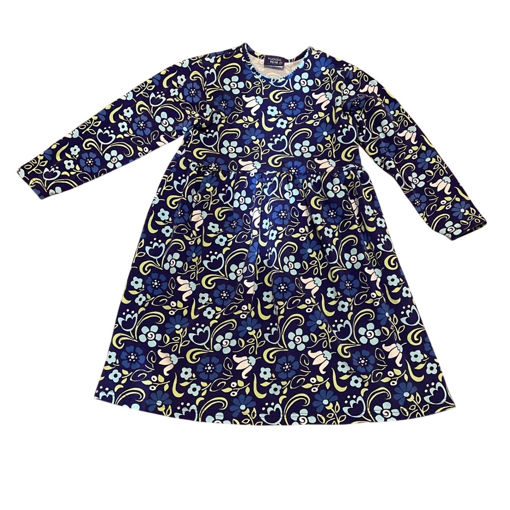 Vintage Rugged Bear Girls Size 7 Floral Blue Green Print Long Sleeve Dress EUC‎
